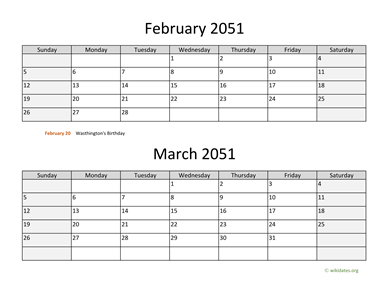 February and March 2051 Calendar Horizontal