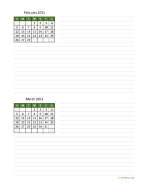 February and March 2051 Calendar with Notes