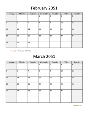 February and March 2051 Calendar Vertical