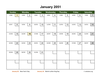 January 2051 Calendar with Day Numbers