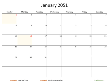January 2051 Calendar with Bigger boxes