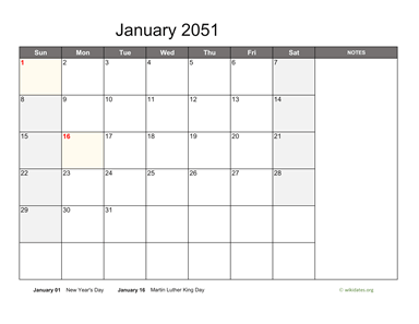 January 2051 Calendar with Notes