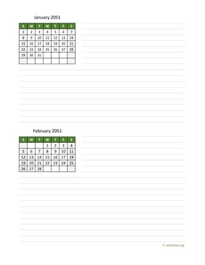 January and February 2051 Calendar with Notes