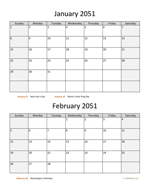 January and February 2051 Calendar Vertical