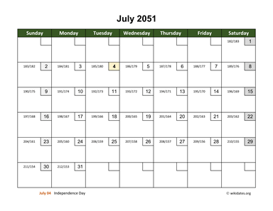 July 2051 Calendar with Day Numbers