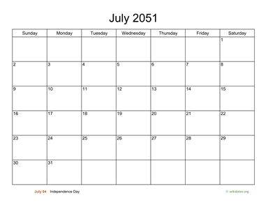 Basic Calendar for July 2051