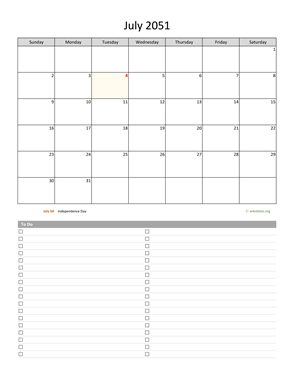 July 2051 Calendar with To-Do List