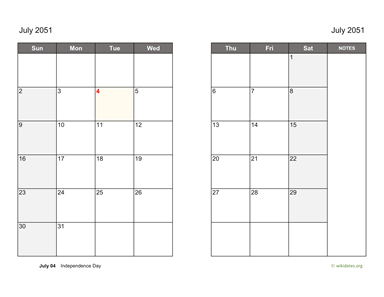 July 2051 Calendar on two pages