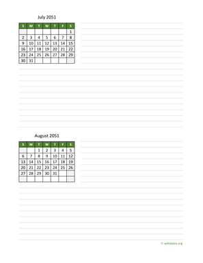 July and August 2051 Calendar with Notes