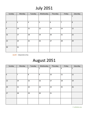 July and August 2051 Calendar Vertical