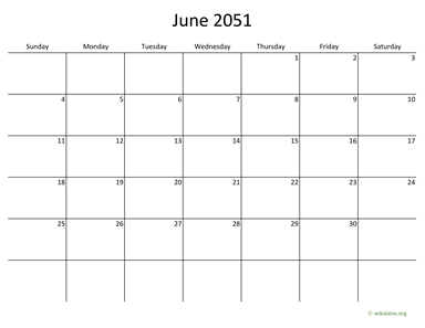 June 2051 Calendar with Bigger boxes