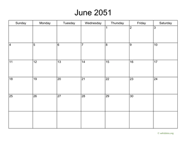 Basic Calendar for June 2051