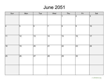June 2051 Calendar with Weekend Shaded