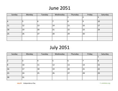 June and July 2051 Calendar Horizontal