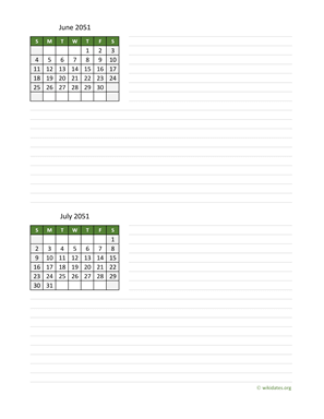 June and July 2051 Calendar with Notes