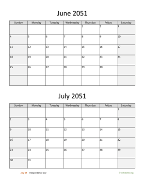 June and July 2051 Calendar Vertical