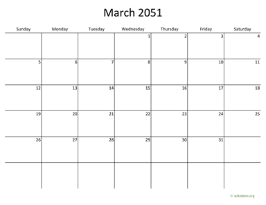 March 2051 Calendar with Bigger boxes