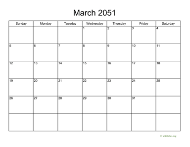 Basic Calendar for March 2051