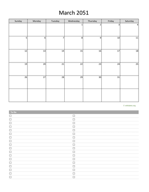 March 2051 Calendar with To-Do List