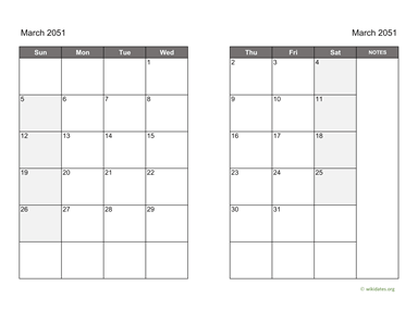 March 2051 Calendar on two pages