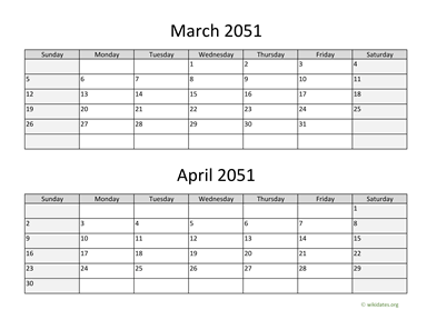 March and April 2051 Calendar Horizontal