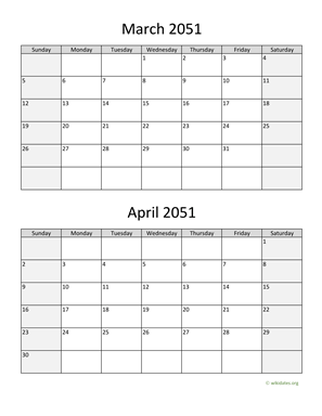 March and April 2051 Calendar Vertical