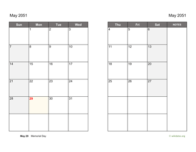 May 2051 Calendar on two pages