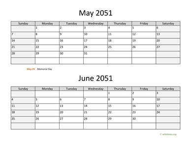 May and June 2051 Calendar Horizontal