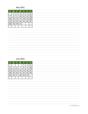 May and June 2051 Calendar with Notes