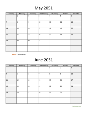 May and June 2051 Calendar Vertical