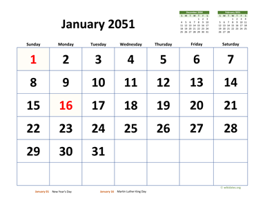Monthly 2051 Calendar with Extra-large Dates