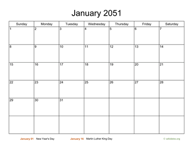 Monthly Basic Calendar for 2051
