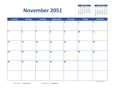 November 2051 Calendar Classic