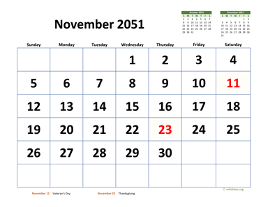 November 2051 Calendar with Extra-large Dates