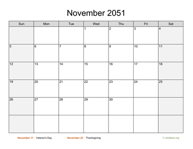 November 2051 Calendar with Weekend Shaded