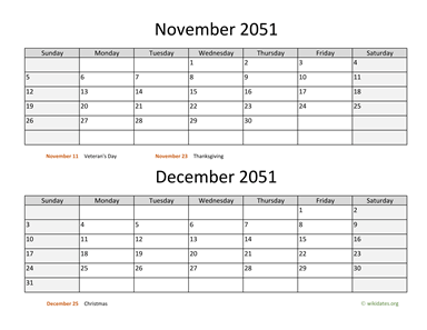 November and December 2051 Calendar Horizontal
