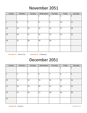November and December 2051 Calendar Vertical