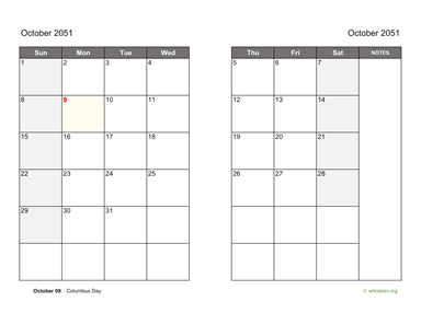October 2051 Calendar on two pages