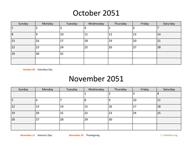 October and November 2051 Calendar Horizontal