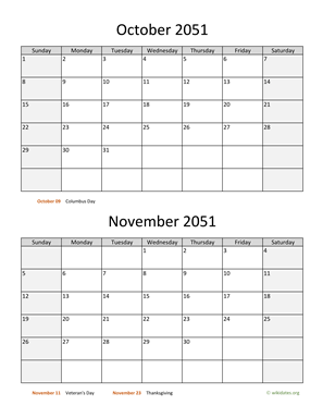 October and November 2051 Calendar Vertical