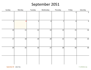 September 2051 Calendar with Bigger boxes