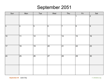 September 2051 Calendar with Weekend Shaded