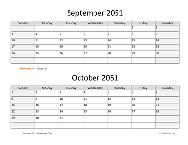 September and October 2051 Calendar Horizontal