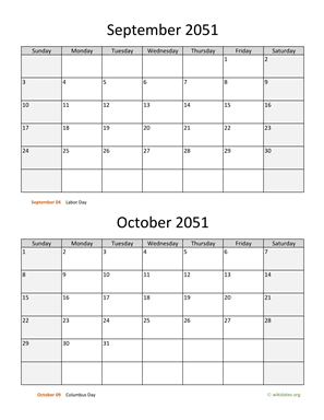 September and October 2051 Calendar Vertical