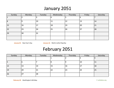 Two Months 2051 Calendar Horizontal