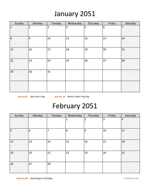 Two Months 2051 Calendar Vertical