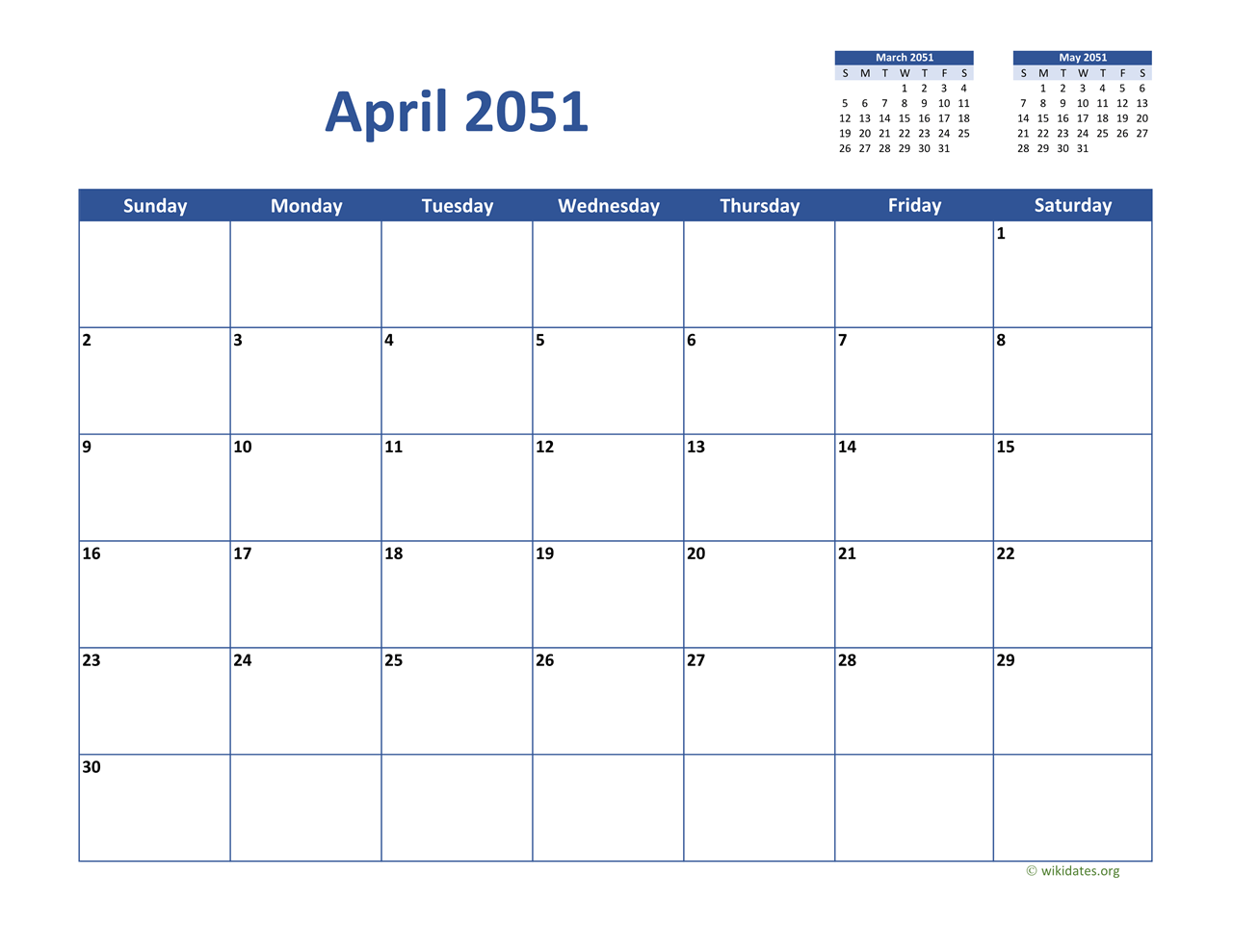 April 2051 Calendar Classic | WikiDates.org