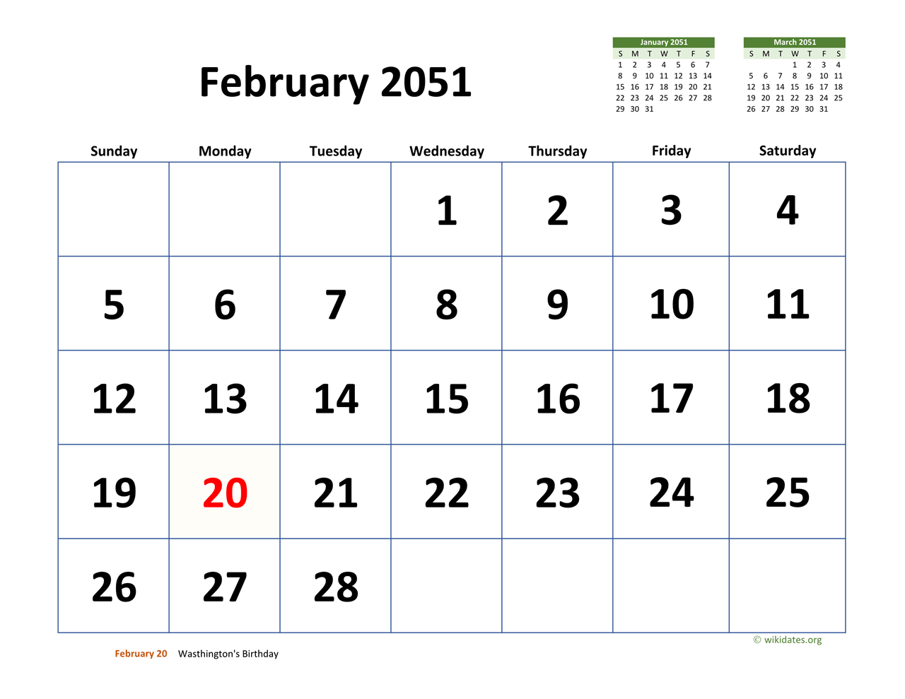 February 2051 Calendar with Extra large Dates WikiDates org