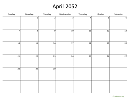 April 2052 Calendar with Bigger boxes