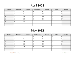 April and May 2052 Calendar